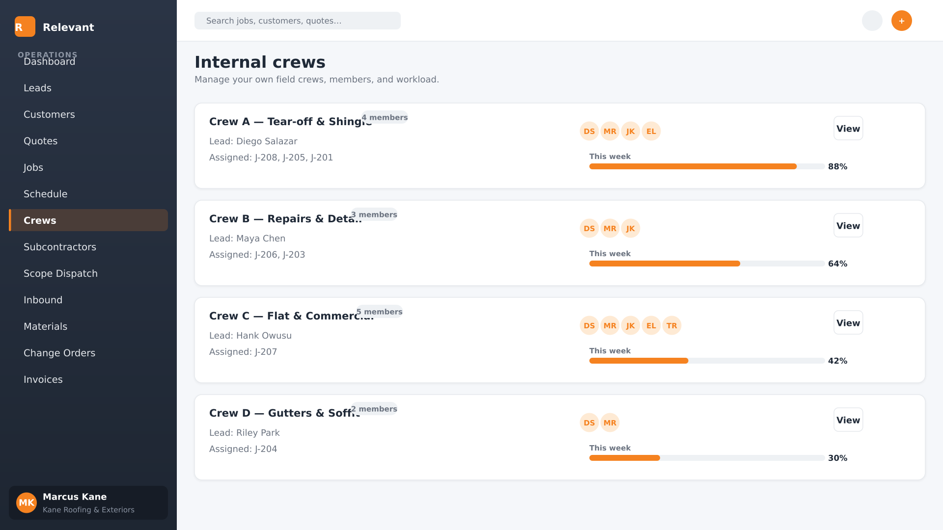 Internal crews, treated as first-class — screenshot of the Relevant Contracting crews screen