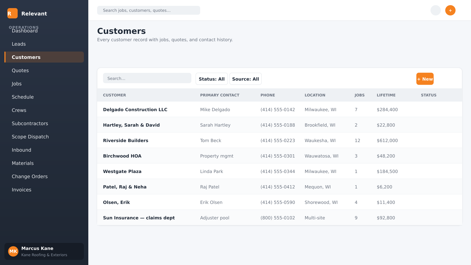 Customer records that don't duplicate themselves — screenshot of the Relevant Contracting customers screen