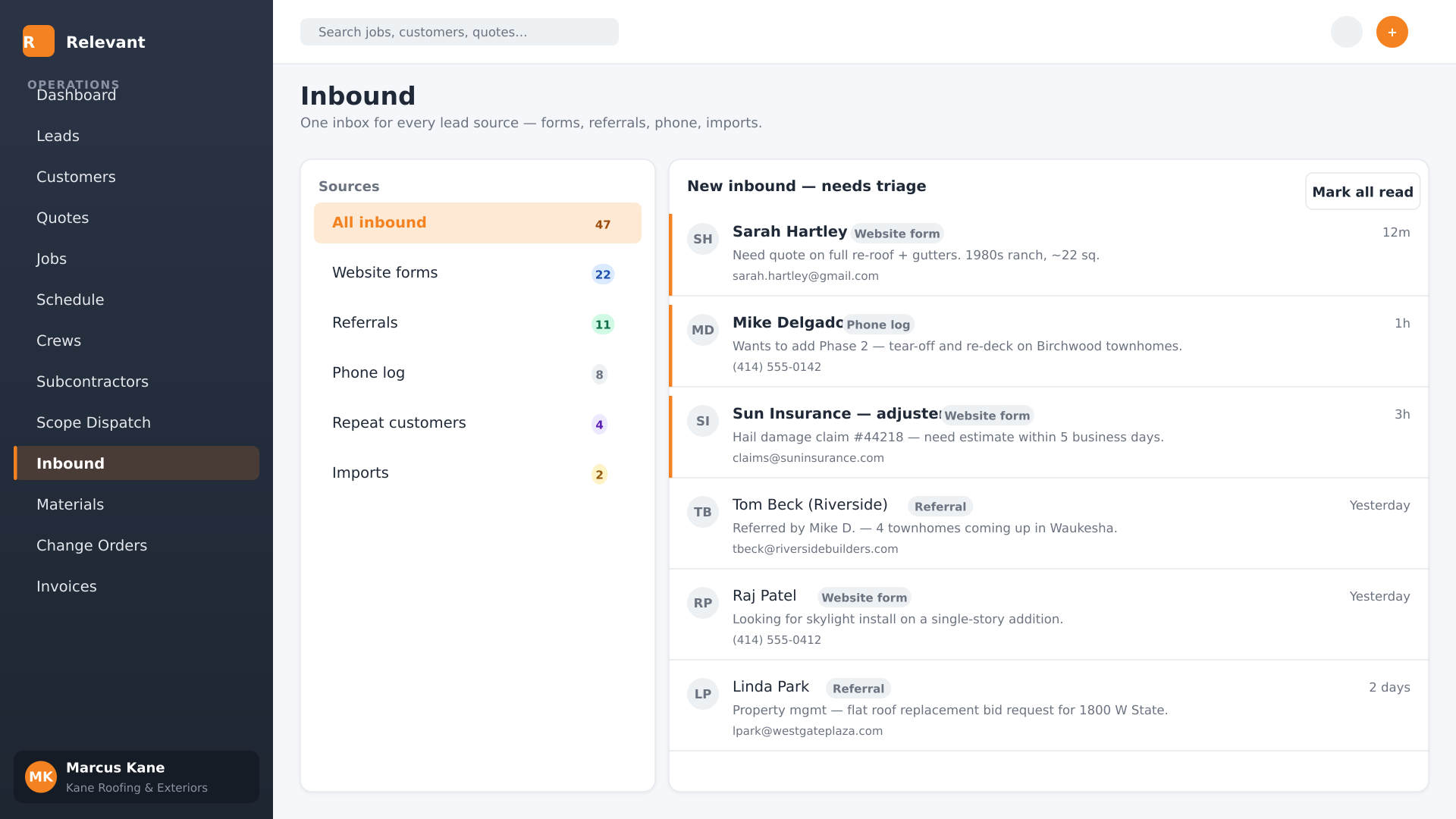 Inbound — every channel into one queue — screenshot of the Relevant Contracting inbound screen