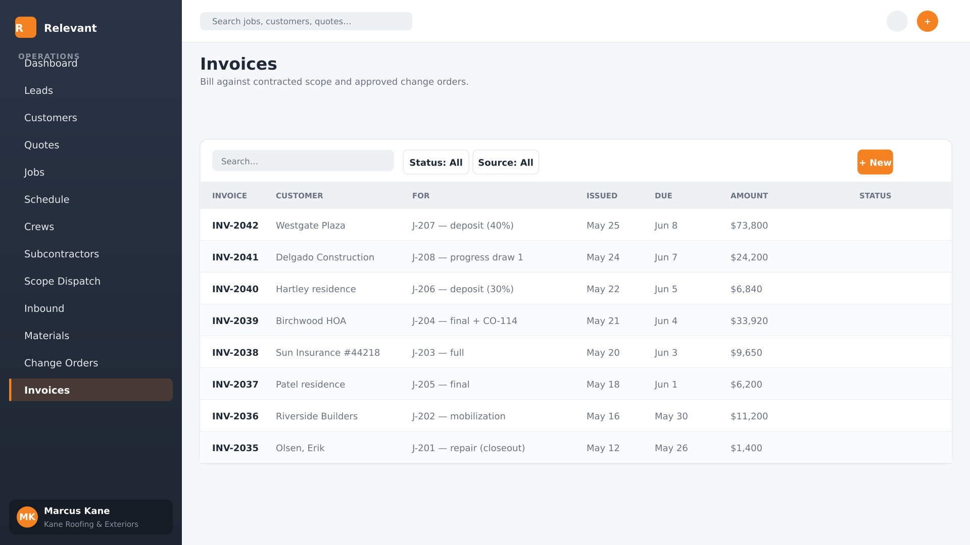 Invoices that match the job — screenshot of the Relevant Contracting invoices screen