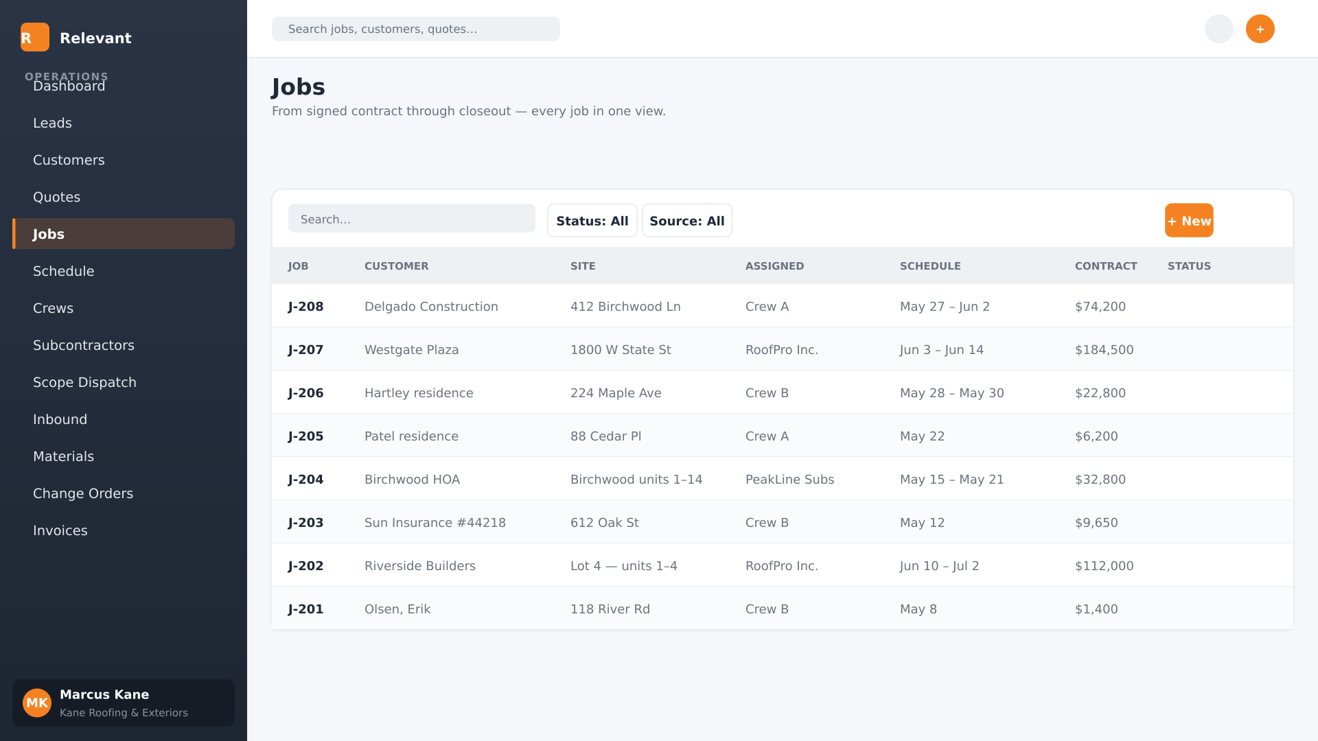 The contractor job lifecycle, end-to-end — screenshot of the Relevant Contracting jobs screen