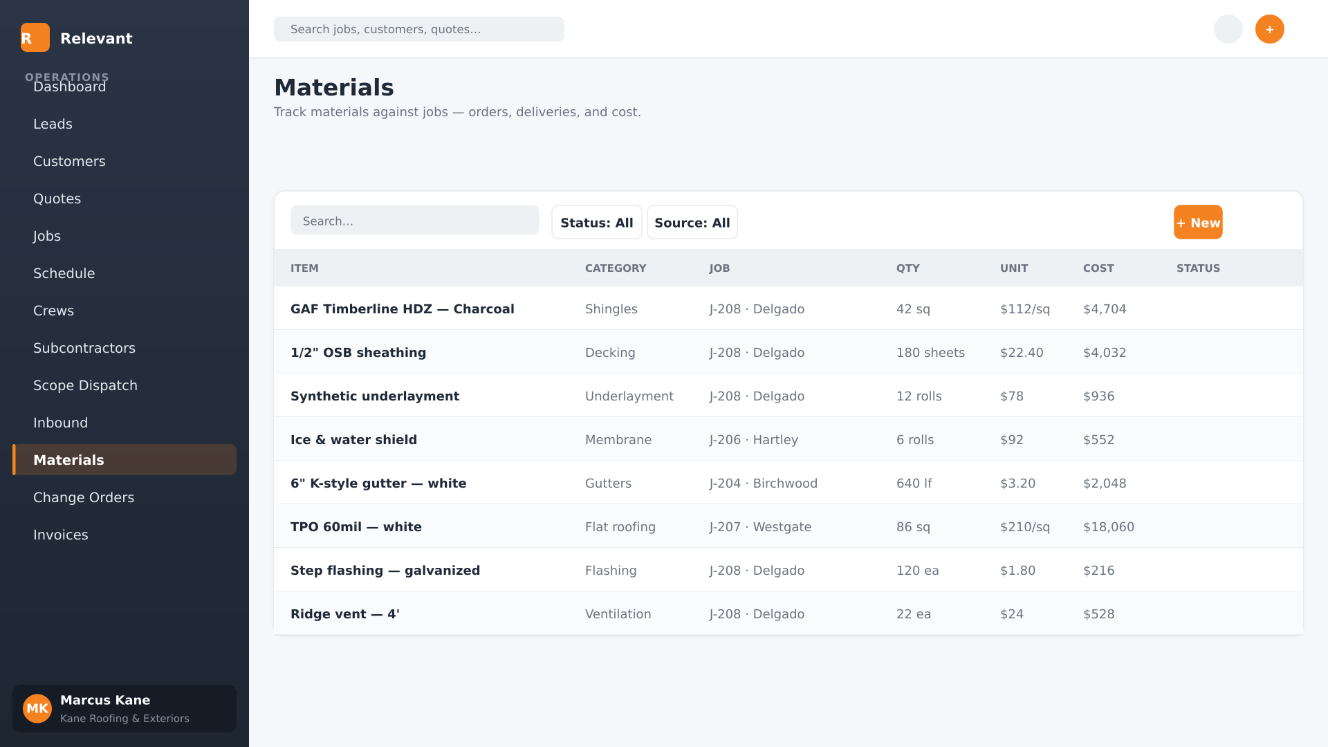 Materials, tracked against the job — screenshot of the Relevant Contracting materials screen