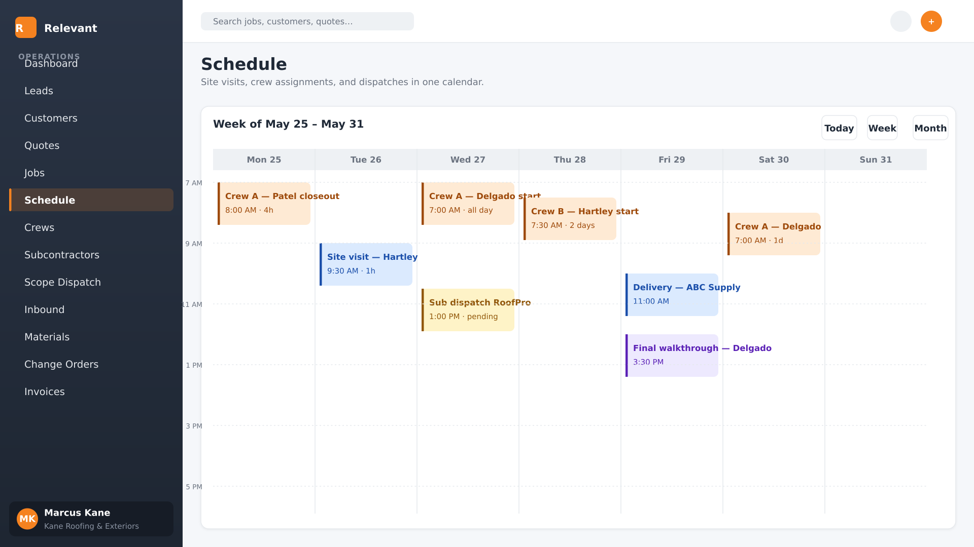 Schedule that respects how jobs actually run — screenshot of the Relevant Contracting schedule screen